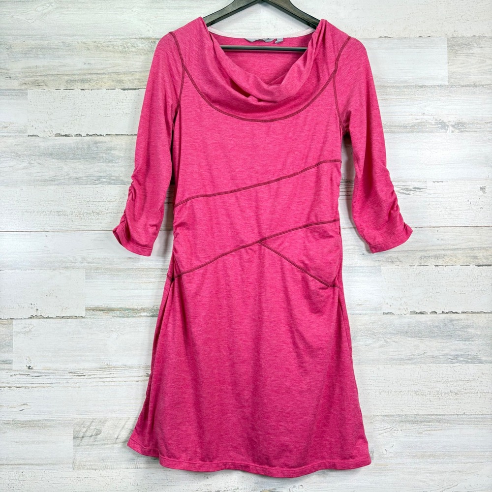 Athleta Dress Medium Pink Heather Cowl Neck 3/4 Sleeve Ruched Athleisure